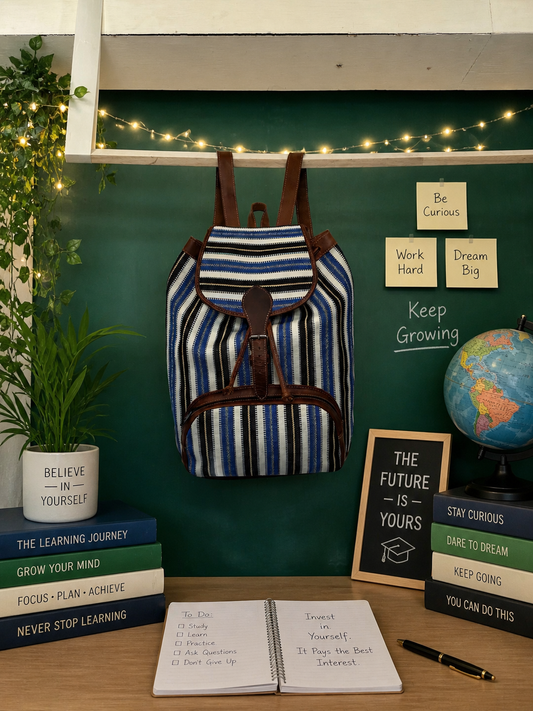 Handwoven Guatemalan Textile Leather Backpack | Artisan Blue Stripe Boho Bag