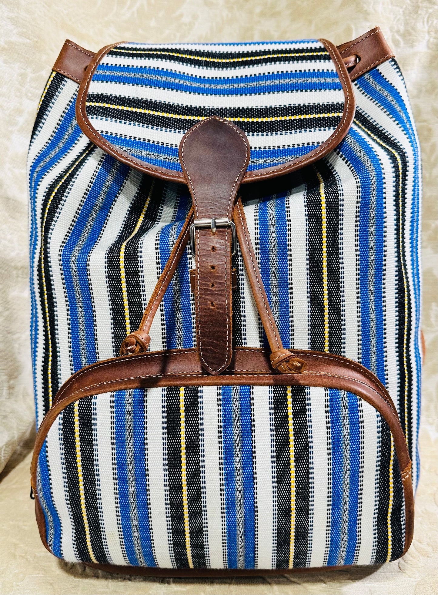 Handwoven Guatemalan Textile Leather Backpack | Artisan Blue Stripe Boho Bag