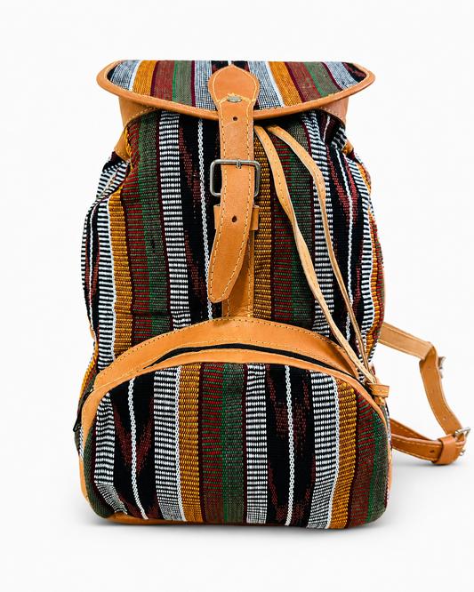 Handcrafted Guatemalan Woven Textile Backpack with Leather Trim