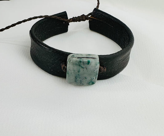 Handmade Guatemalan Green Jade & Brown Leather Strap Bracelet