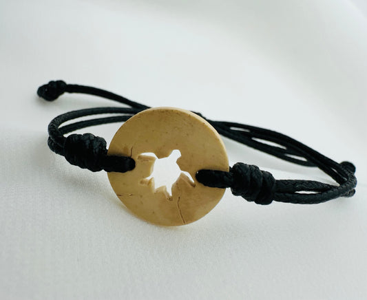 Boho Coconut Shell Turtle With Black Cord Bracelet | Handmade Guatemala