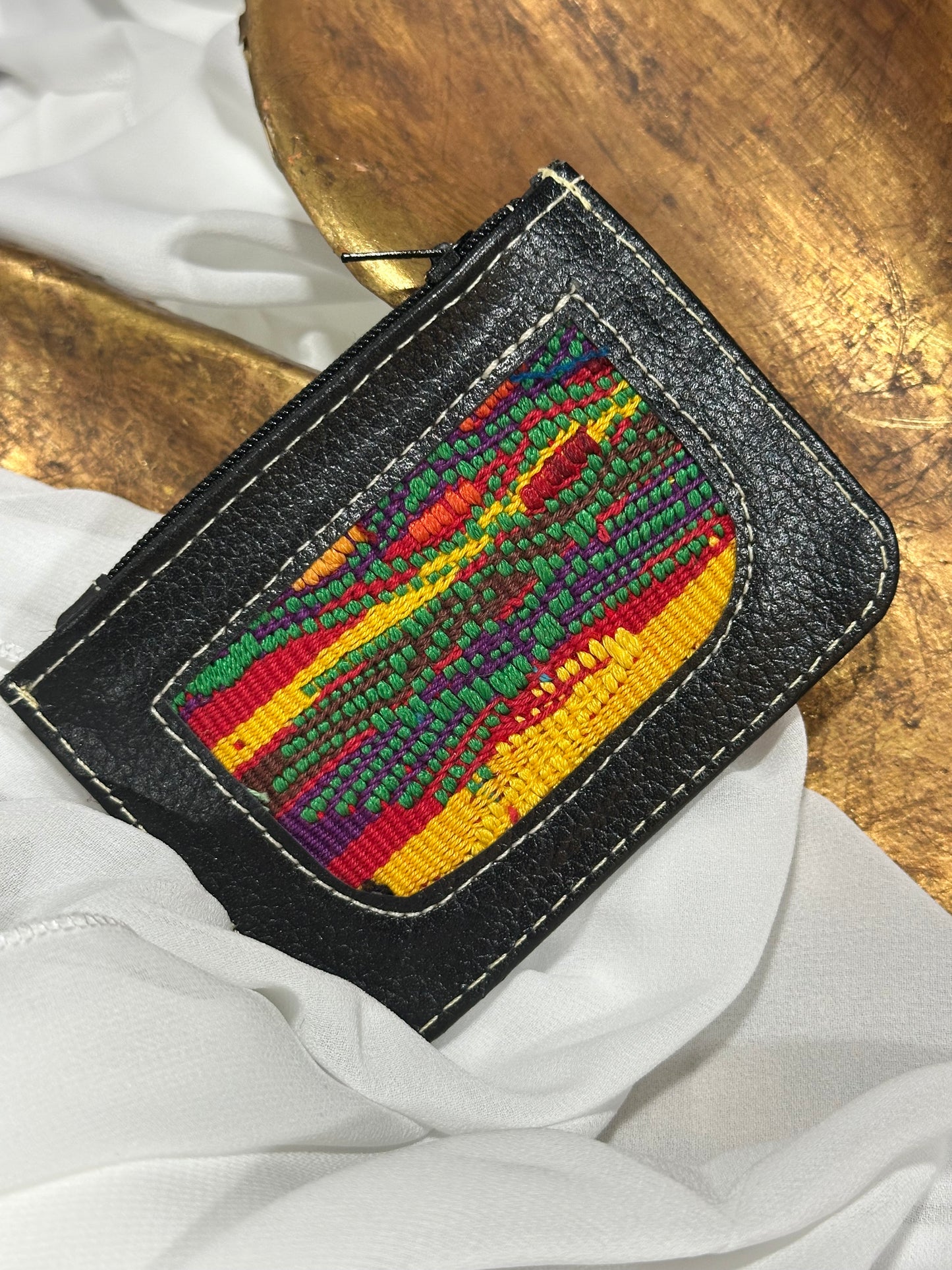 Handcrafted Genuine Leather Card Holder with Maya Textile Accent