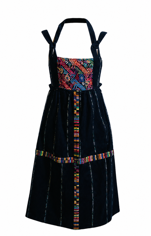 Handmade Guatemalan Artisan Dress | Boho Black Midi Dress with Handwoven Textile Detail
