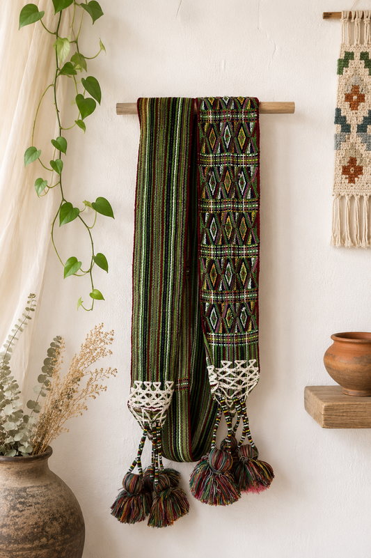 Handwoven Guatemalan Faja with Pom Poms | Artisan Waist Belt