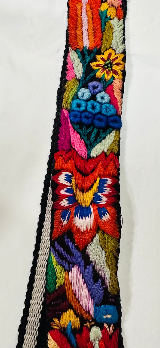 Vintage Hand Embroidered Guatemalan Faja, Floral Woven Belt with Traditional Artisan Embroidery