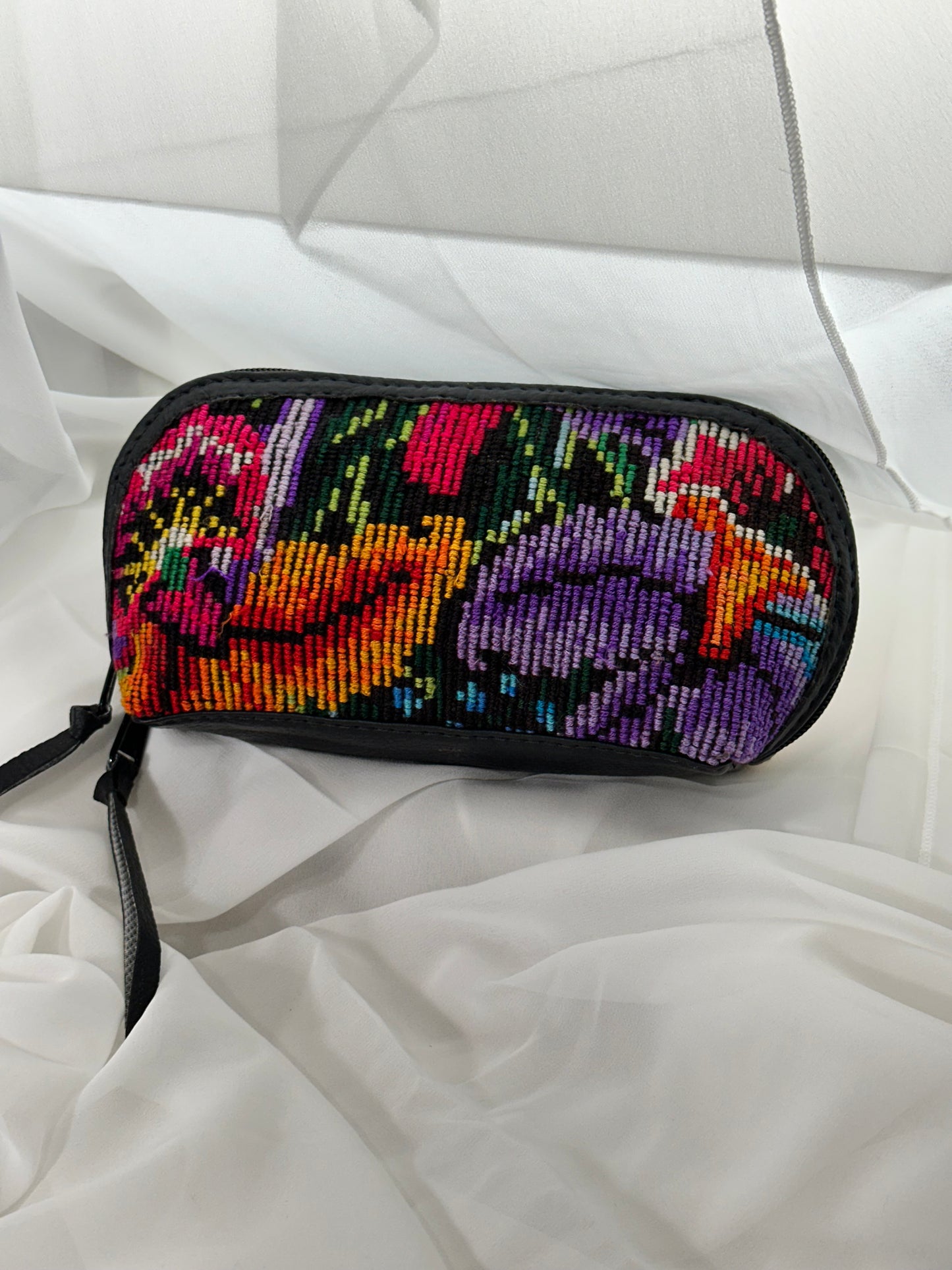 Guatemalan Floral Makeup Bag | Black Vegan Leather Trim