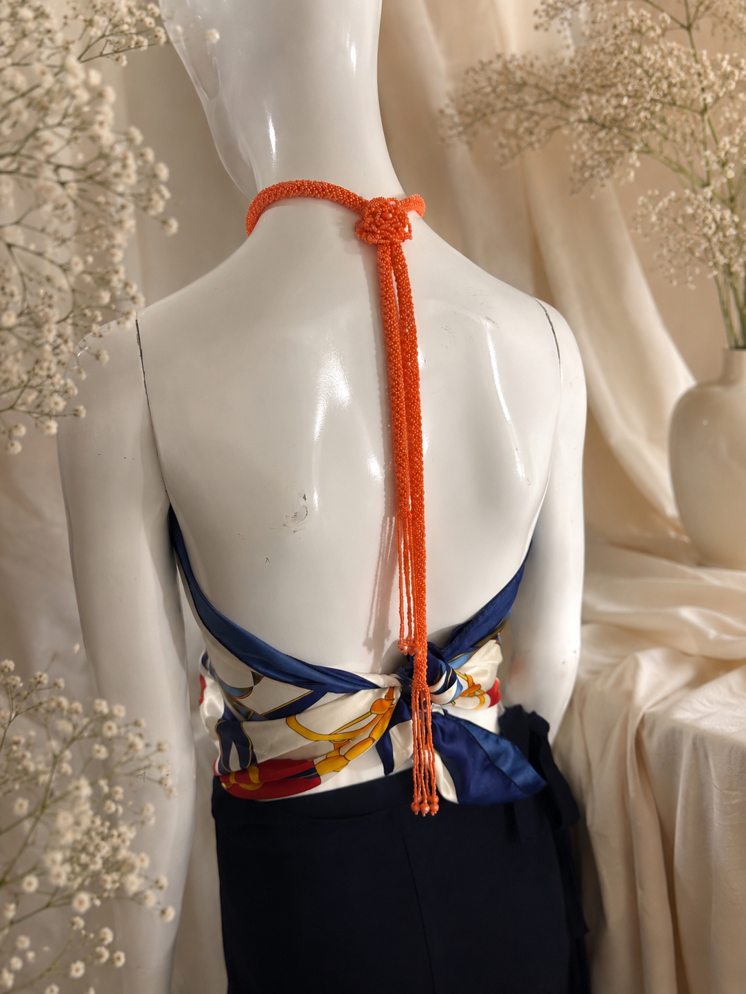 Coral Beaded Lariat Necklace