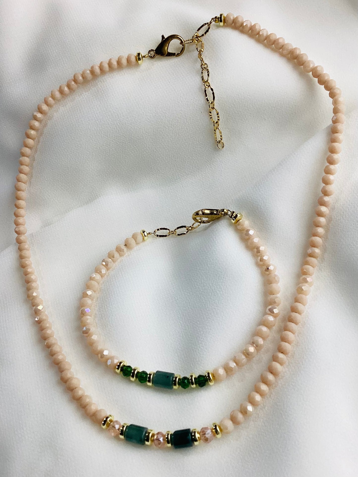 Necklace and Bracelet, Green Jade Beads