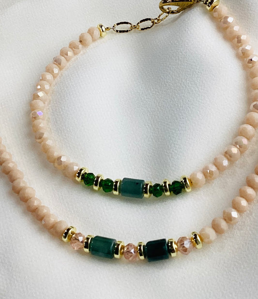 Necklace and Bracelet, Green Jade Beads
