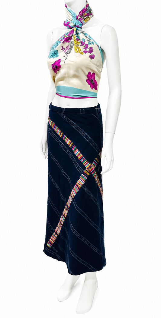 Handwoven Guatemalan Wrap Skirt | Navy Blue with Multicolor Embroidery