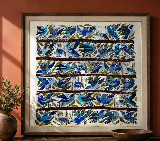 Blue Songbirds Hand Embroidered Textile Panel