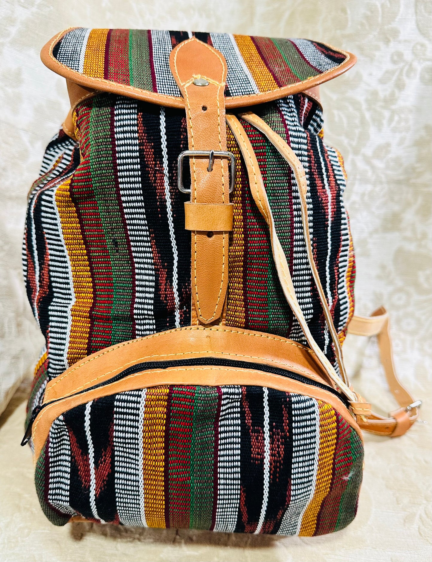 Handcrafted Guatemalan Woven Textile Backpack with Leather Trim