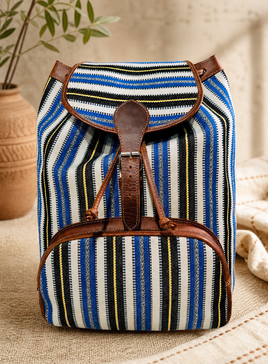 Handwoven Guatemalan Textile Leather Backpack | Artisan Blue Stripe Boho Bag