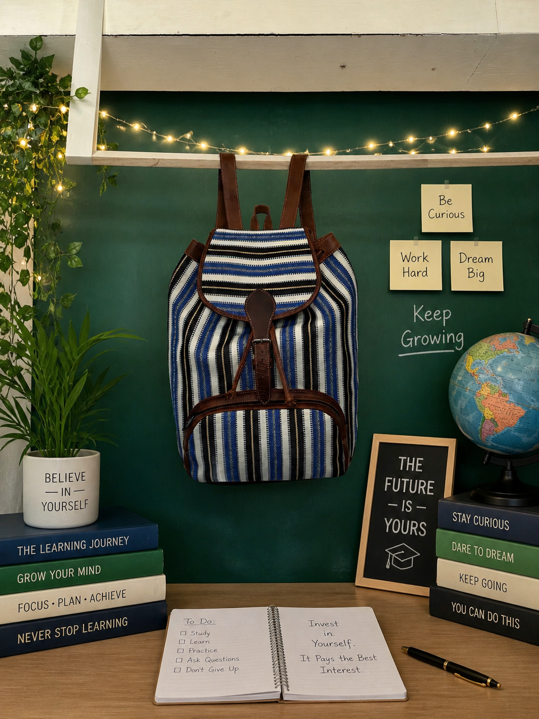 Handwoven Guatemalan Textile Leather Backpack | Artisan Blue Stripe Boho Bag