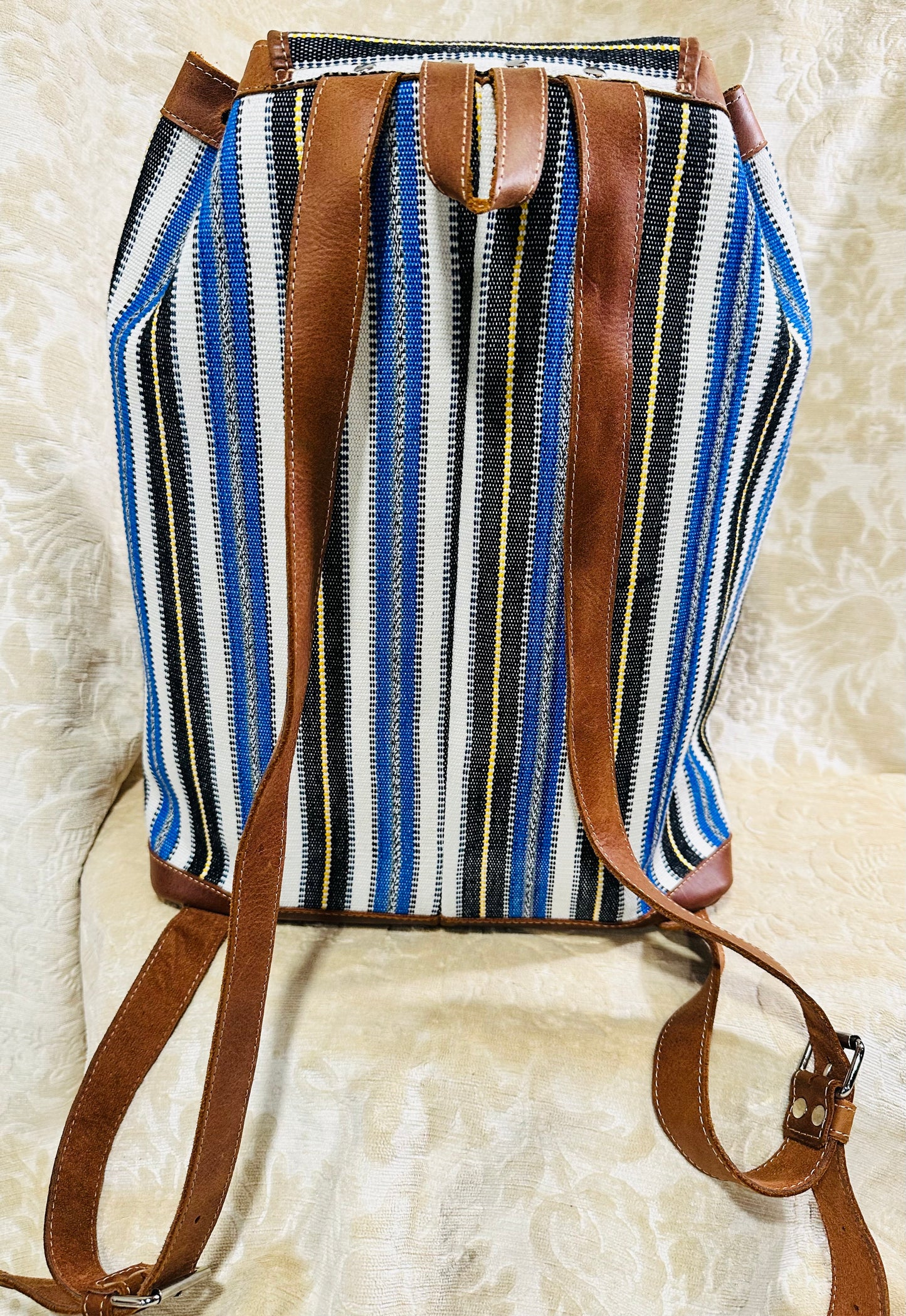 Handwoven Guatemalan Textile Leather Backpack | Artisan Blue Stripe Boho Bag