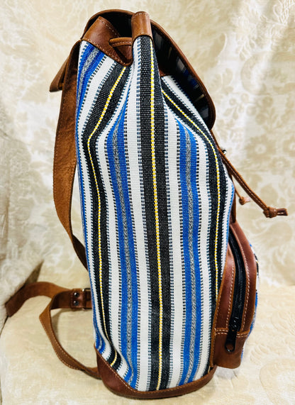 Handwoven Guatemalan Textile Leather Backpack | Artisan Blue Stripe Boho Bag
