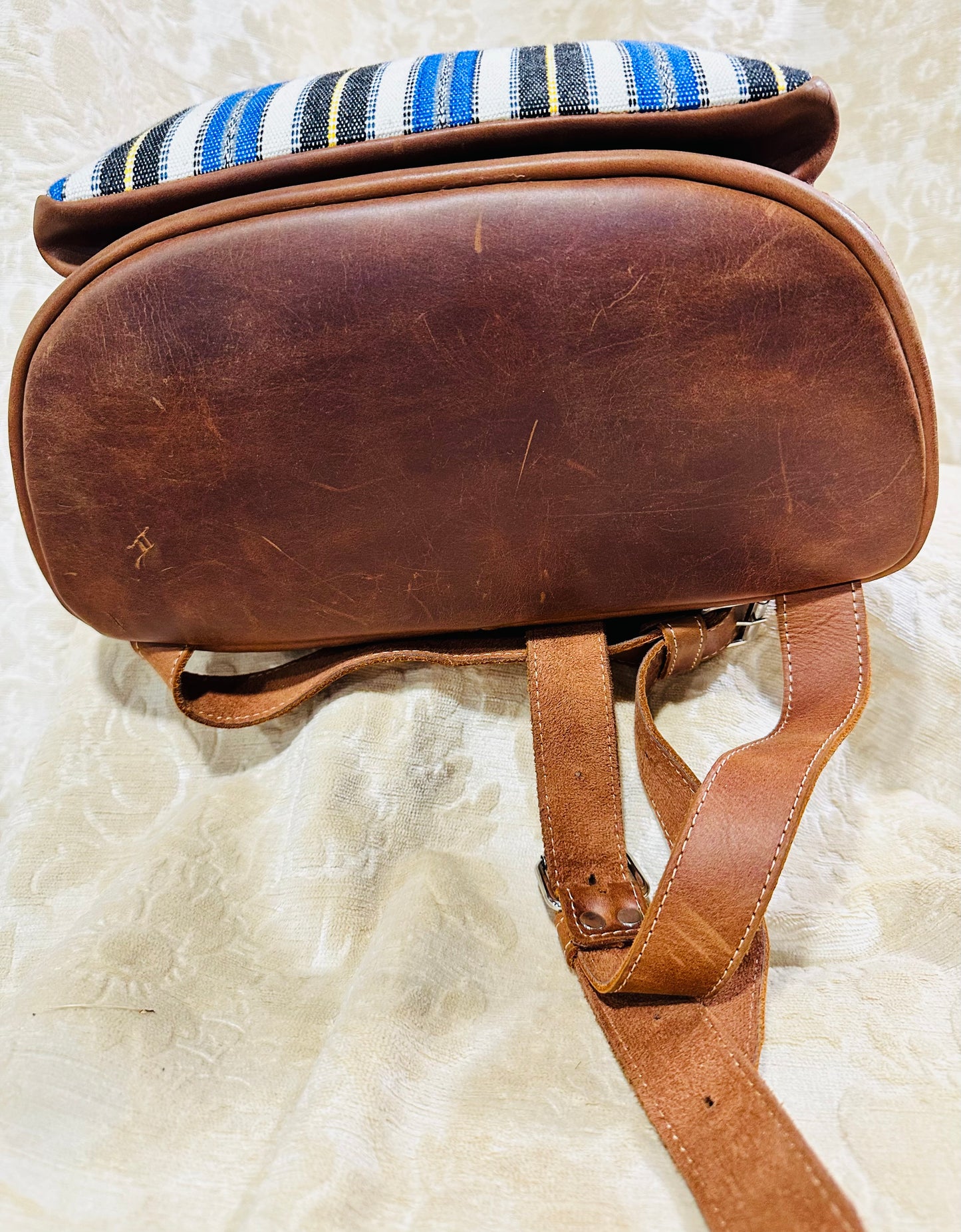 Handwoven Guatemalan Textile Leather Backpack | Artisan Blue Stripe Boho Bag