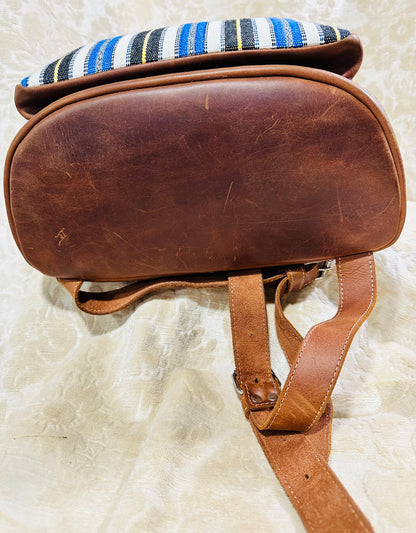 Handwoven Guatemalan Textile Leather Backpack | Artisan Blue Stripe Boho Bag
