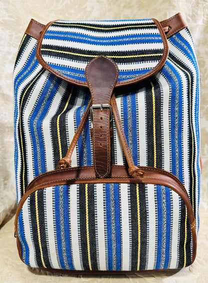 Handwoven Guatemalan Textile Leather Backpack | Artisan Blue Stripe Boho Bag