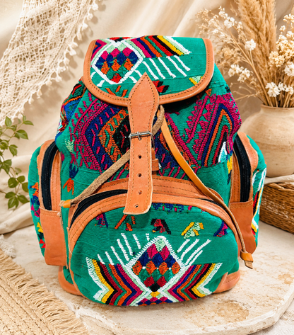 Handcrafted Guatemalan Embroidered Backpack with Genuine Leather Trim