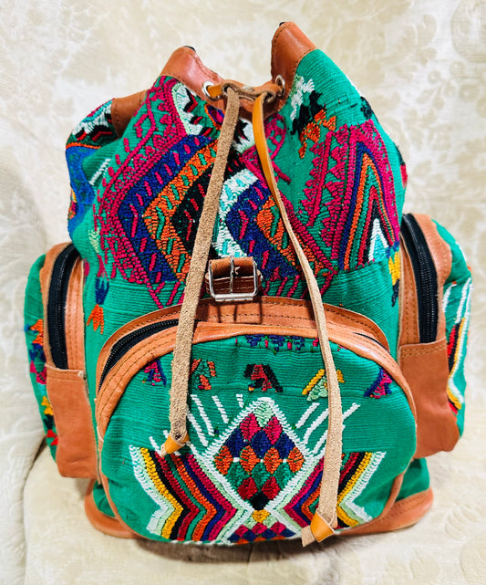 Handcrafted Guatemalan Embroidered Backpack with Genuine Leather Trim