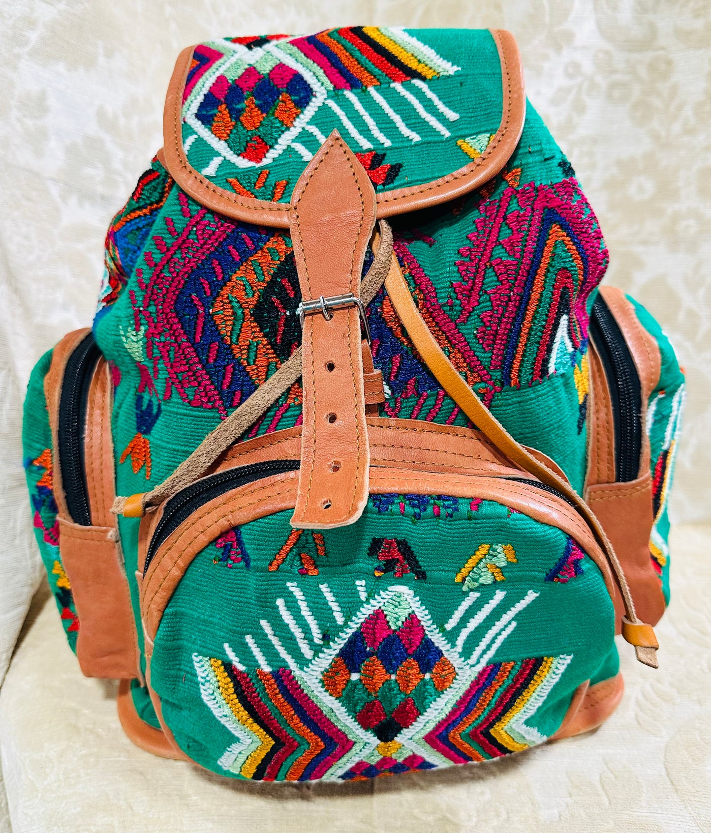 Handcrafted Guatemalan Embroidered Backpack with Genuine Leather Trim