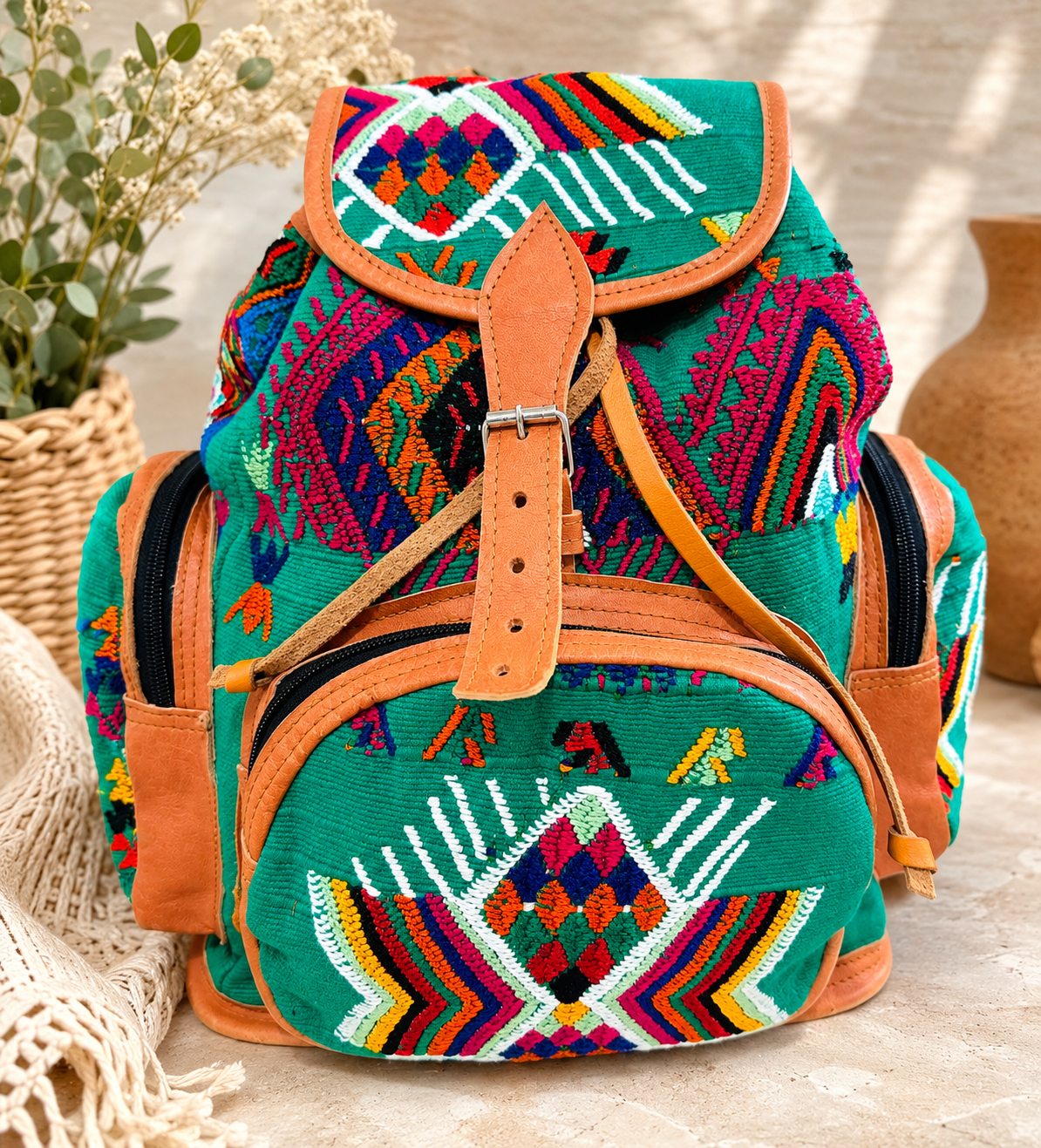 Handcrafted Guatemalan Embroidered Backpack with Genuine Leather Trim