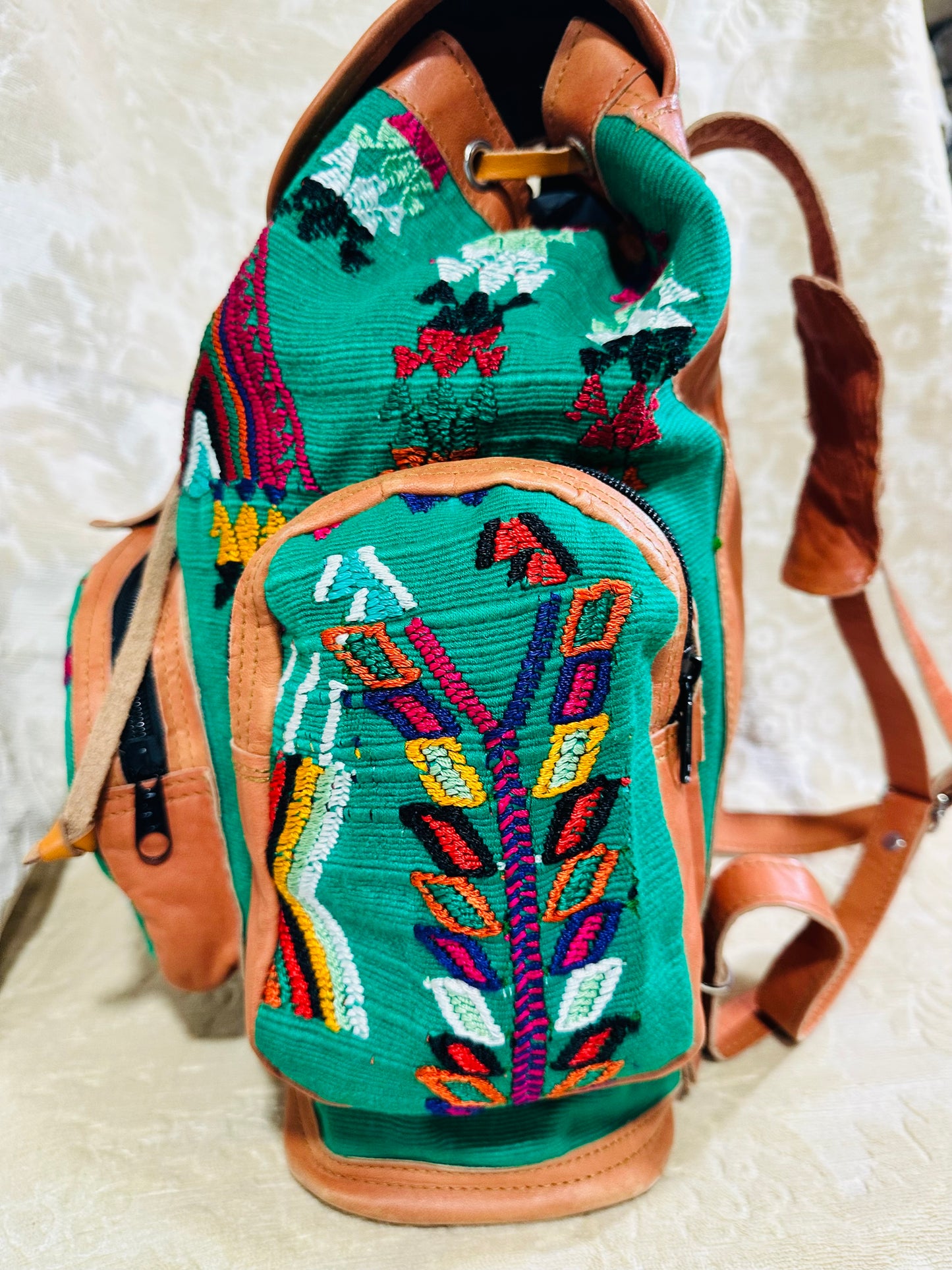 Handcrafted Guatemalan Embroidered Backpack with Genuine Leather Trim