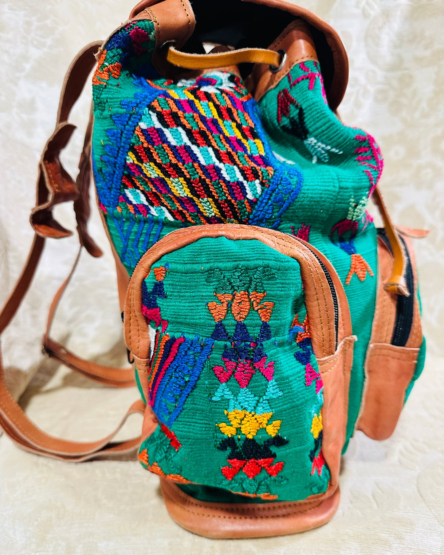 Handcrafted Guatemalan Embroidered Backpack with Genuine Leather Trim