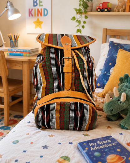 Handcrafted Guatemalan Woven Textile Backpack with Leather Trim
