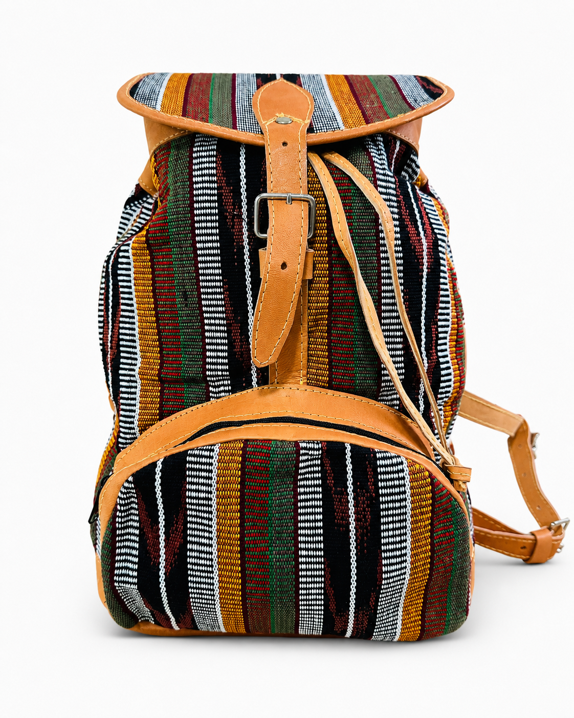 Handcrafted Guatemalan Woven Textile Backpack with Leather Trim