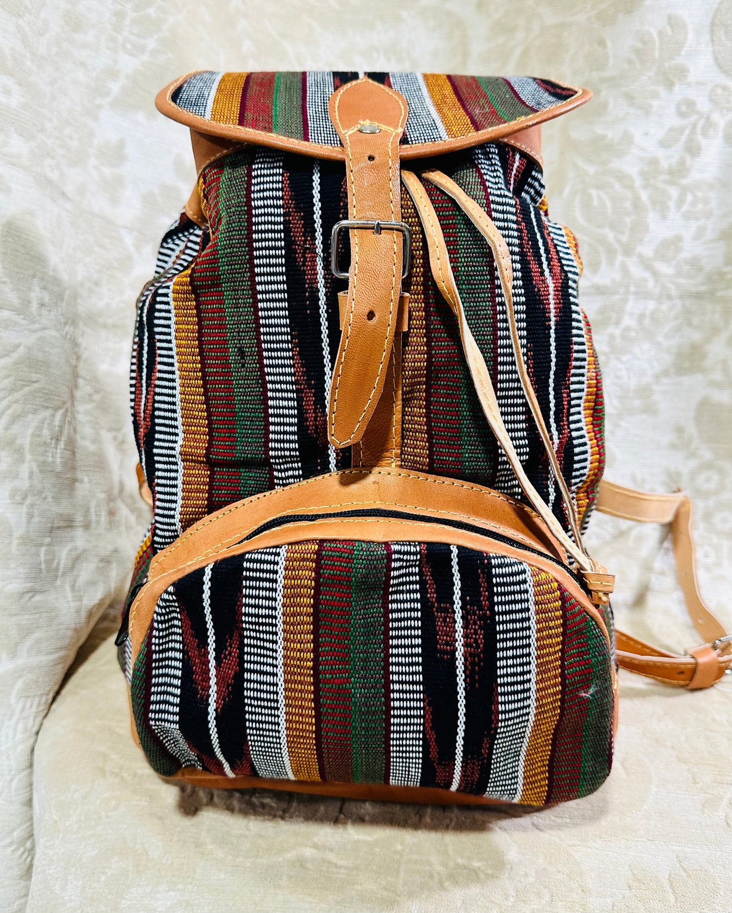 Handcrafted Guatemalan Woven Textile Backpack with Leather Trim