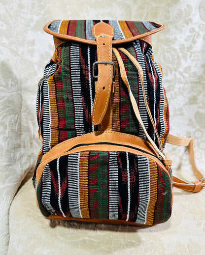 Handcrafted Guatemalan Woven Textile Backpack with Leather Trim