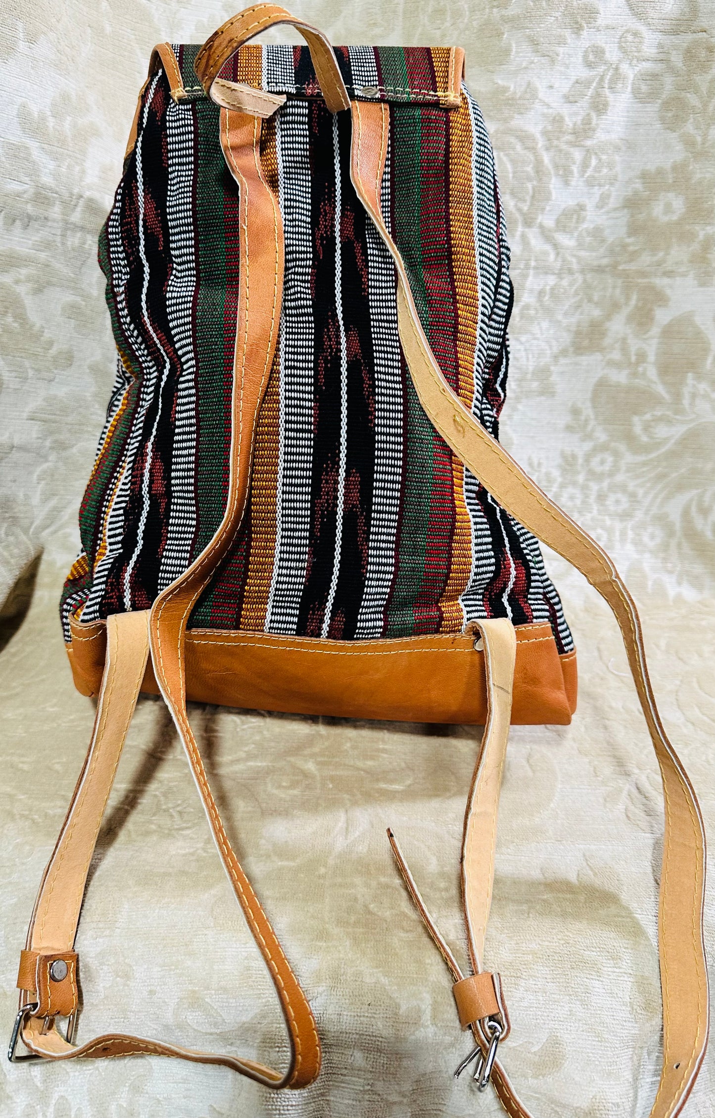 Handcrafted Guatemalan Woven Textile Backpack with Leather Trim