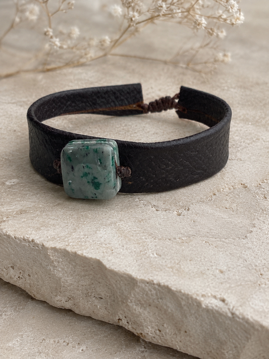 Handmade Guatemalan Green Jade & Brown Leather Strap Bracelet