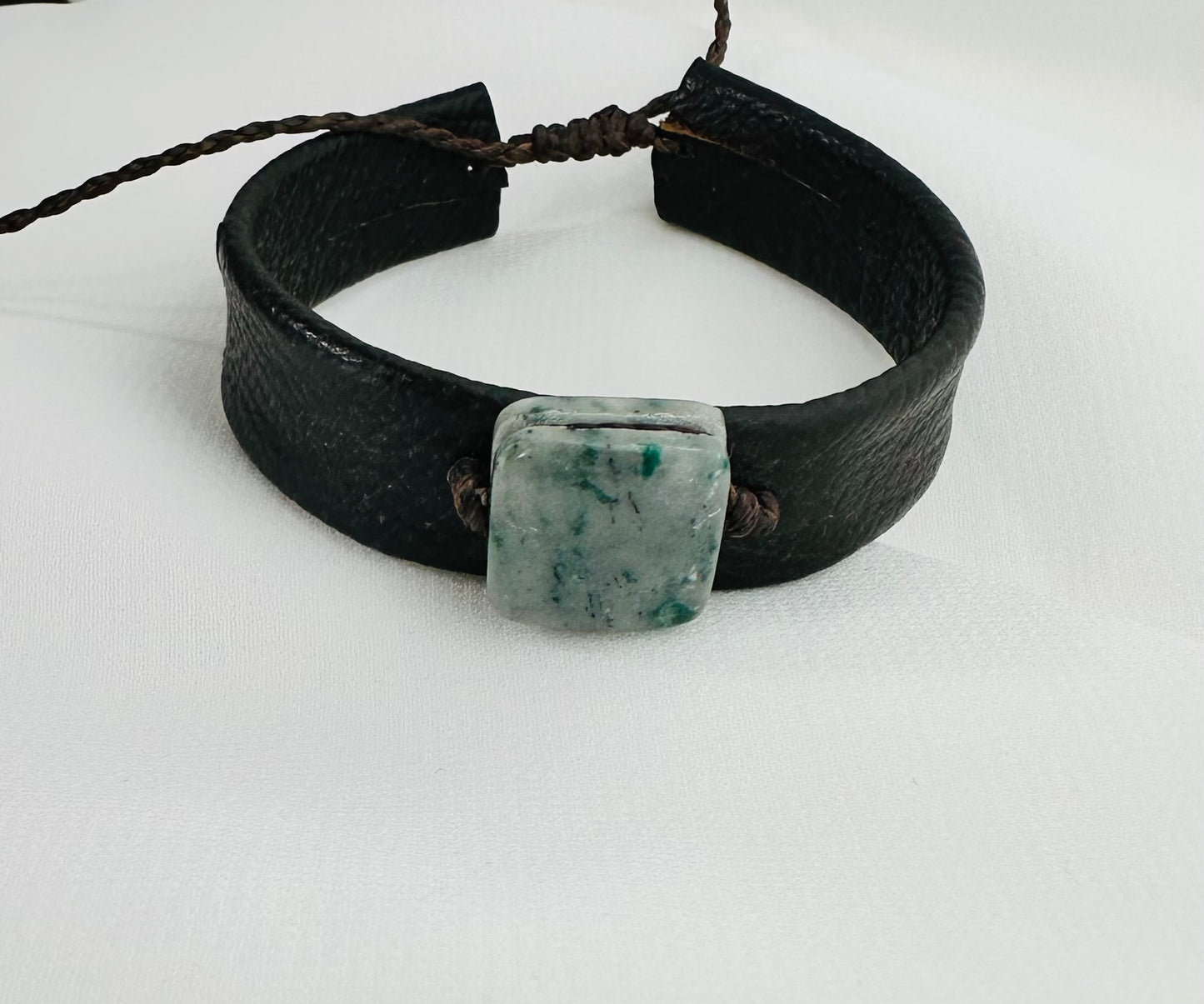 Handmade Guatemalan Green Jade & Brown Leather Strap Bracelet