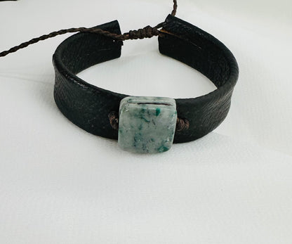 Handmade Guatemalan Green Jade & Brown Leather Strap Bracelet