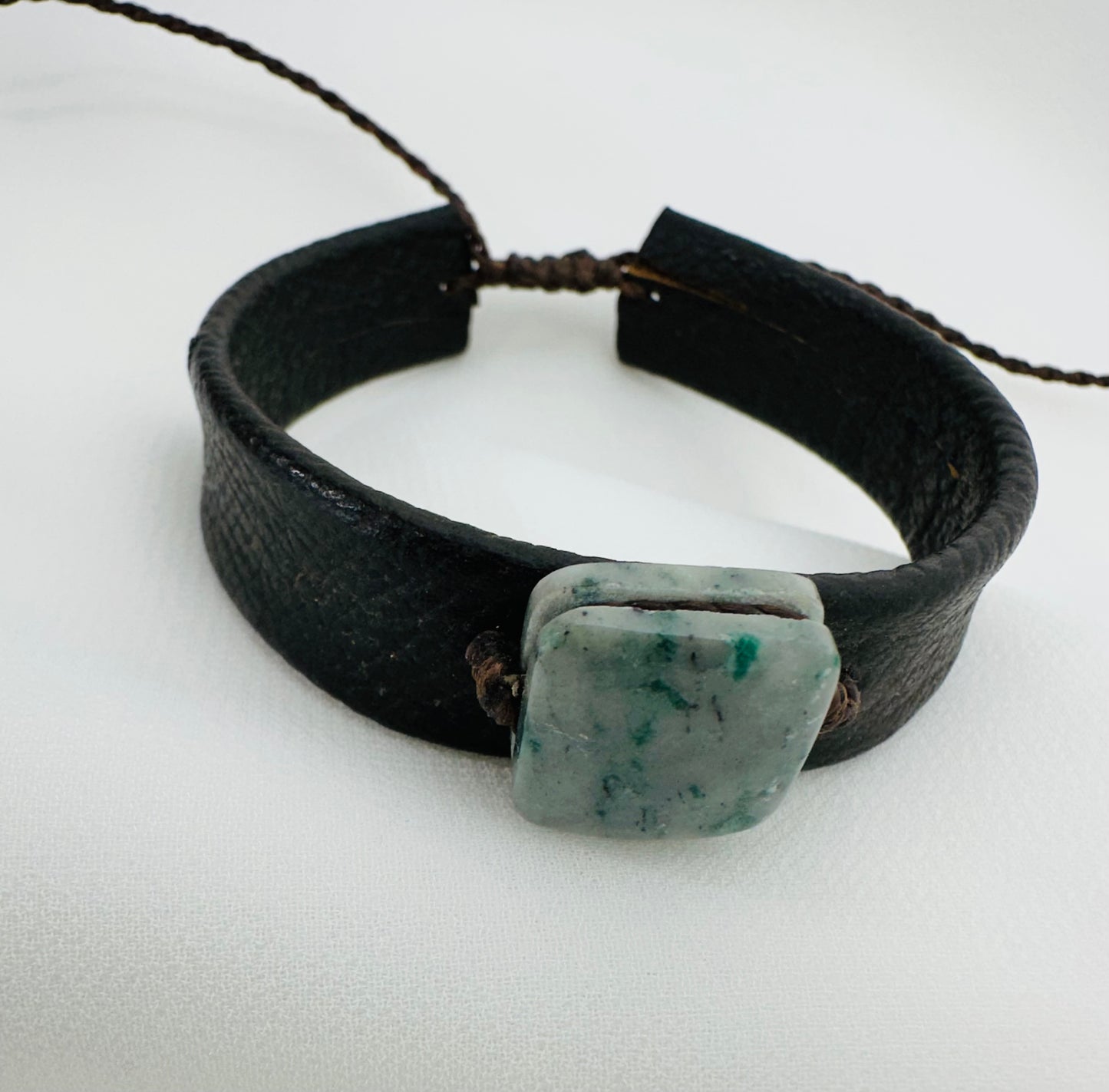 Handmade Guatemalan Green Jade & Brown Leather Strap Bracelet