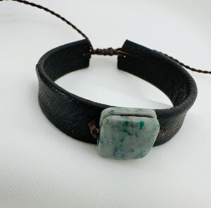 Handmade Guatemalan Green Jade & Brown Leather Strap Bracelet