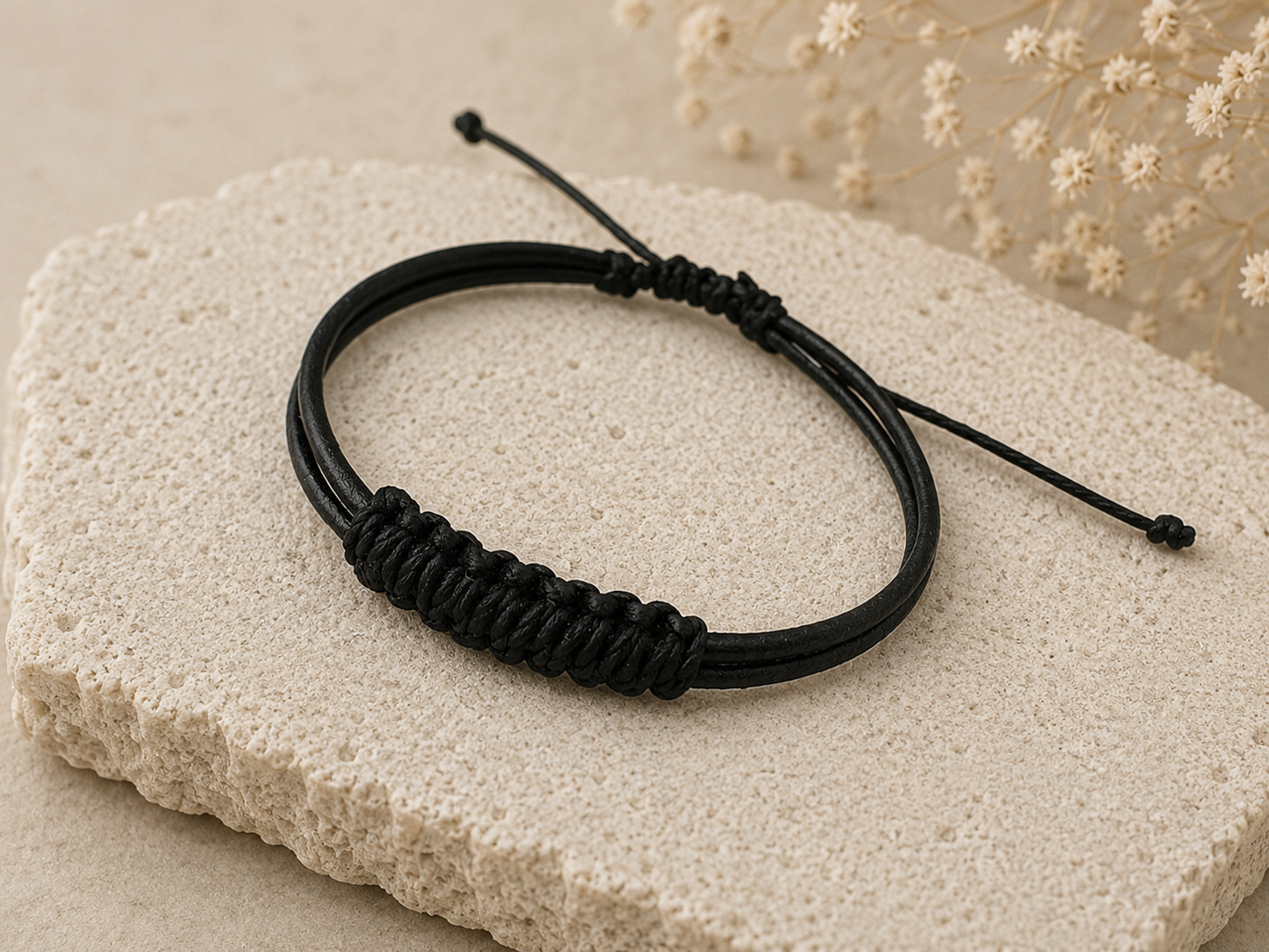 Handmade Black Leather Macrame Bracelet