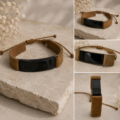 Handmade Guatemalan Black Jade & Leather Strap Bracelet