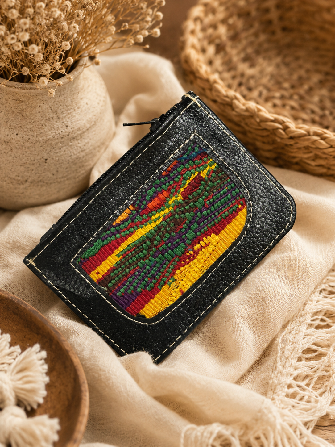 Handcrafted Genuine Leather Card Holder with Maya Textile Accent