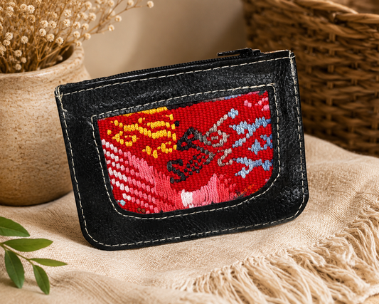 Handcrafted Genuine Leather Card Holder with Maya Textile Accent