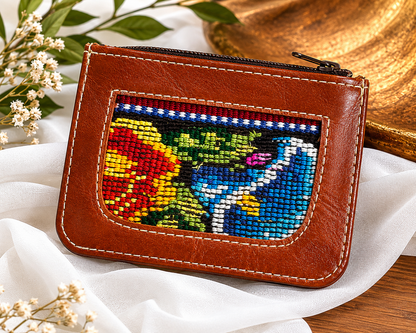 Handcrafted Leather Card Holder | Bird Embroidery Design