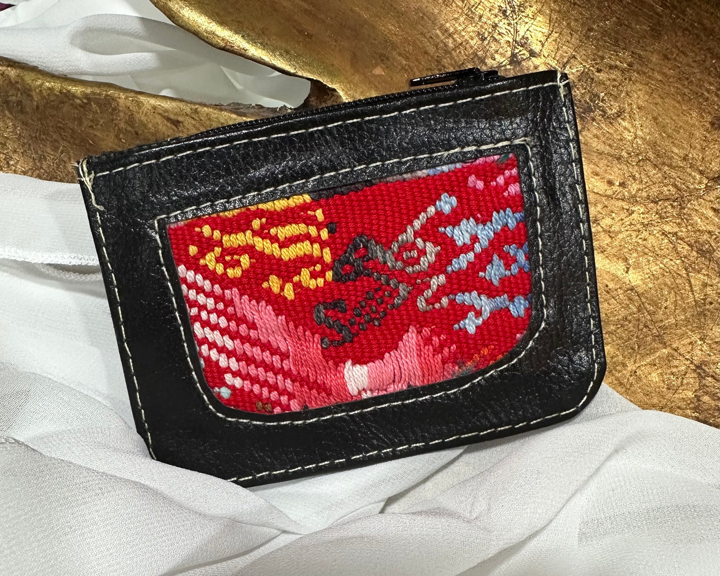 Handcrafted Genuine Leather Card Holder with Maya Textile Accent