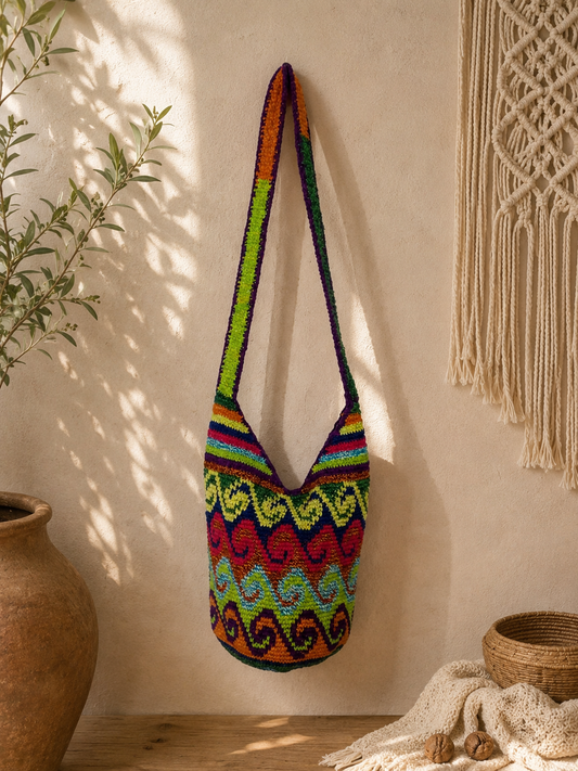 Handmade in Guatemalan | Vibrant Spiral Wave Mochila | Colorful Shoulder Tote