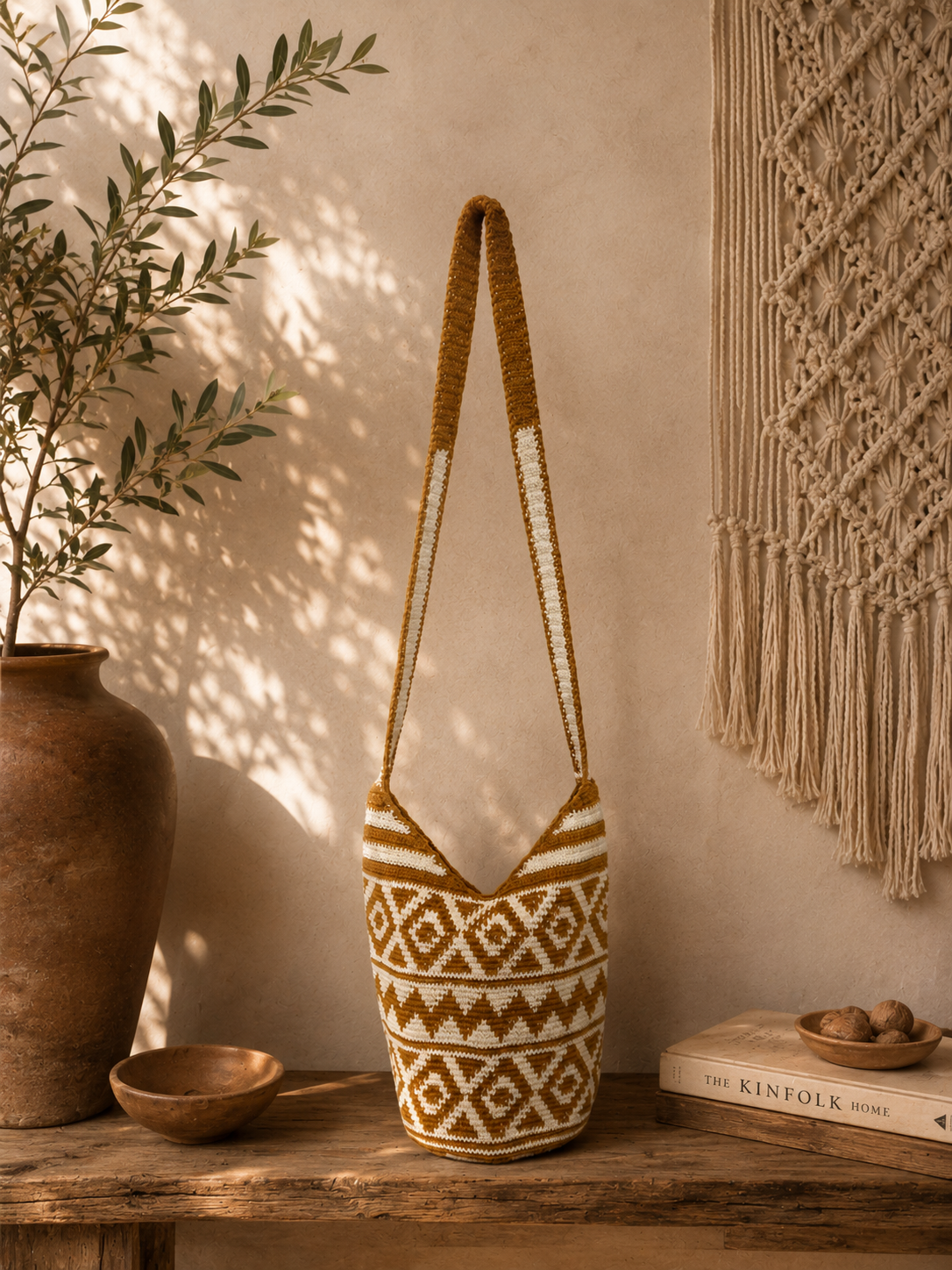 Golden Sun Geometric Crochet Shoulder Bag | Handmade Guatemalan Crochet Bag | Mustard & White Geometric Artisan Shoulder Purse