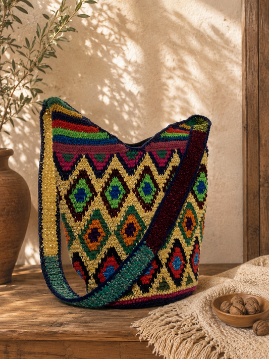 Festival Diamond Crochet Mochila Bag | Handmade Guatemalan Crochet Bag | Multicolor Diamond Mochila | Boho