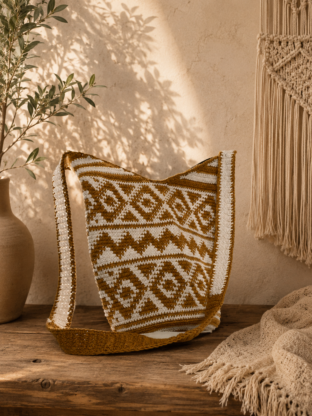 Golden Sun Geometric Crochet Shoulder Bag | Handmade Guatemalan Crochet Bag | Mustard & White Geometric Artisan Shoulder Purse