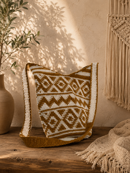 Golden Sun Geometric Crochet Shoulder Bag | Handmade Guatemalan Crochet Bag | Mustard & White Geometric Artisan Shoulder Purse